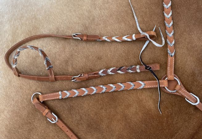 Showman Argentina cow harness Leather one ear headstall and breast collar set with hair on cowhide lacing #2